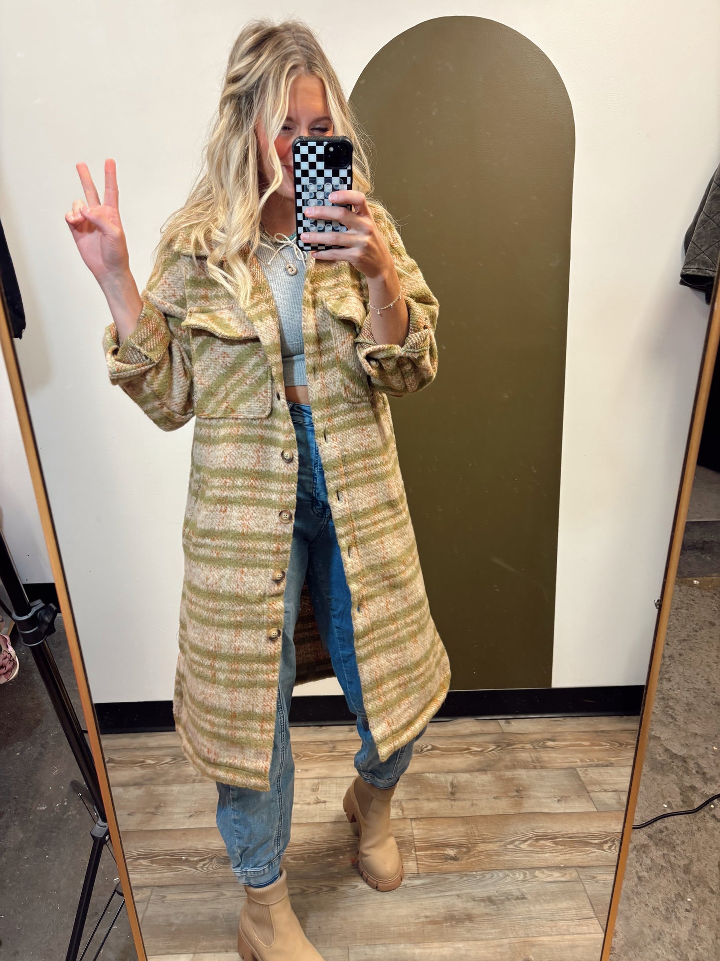 Briana Plaid Long Jacket (Green)