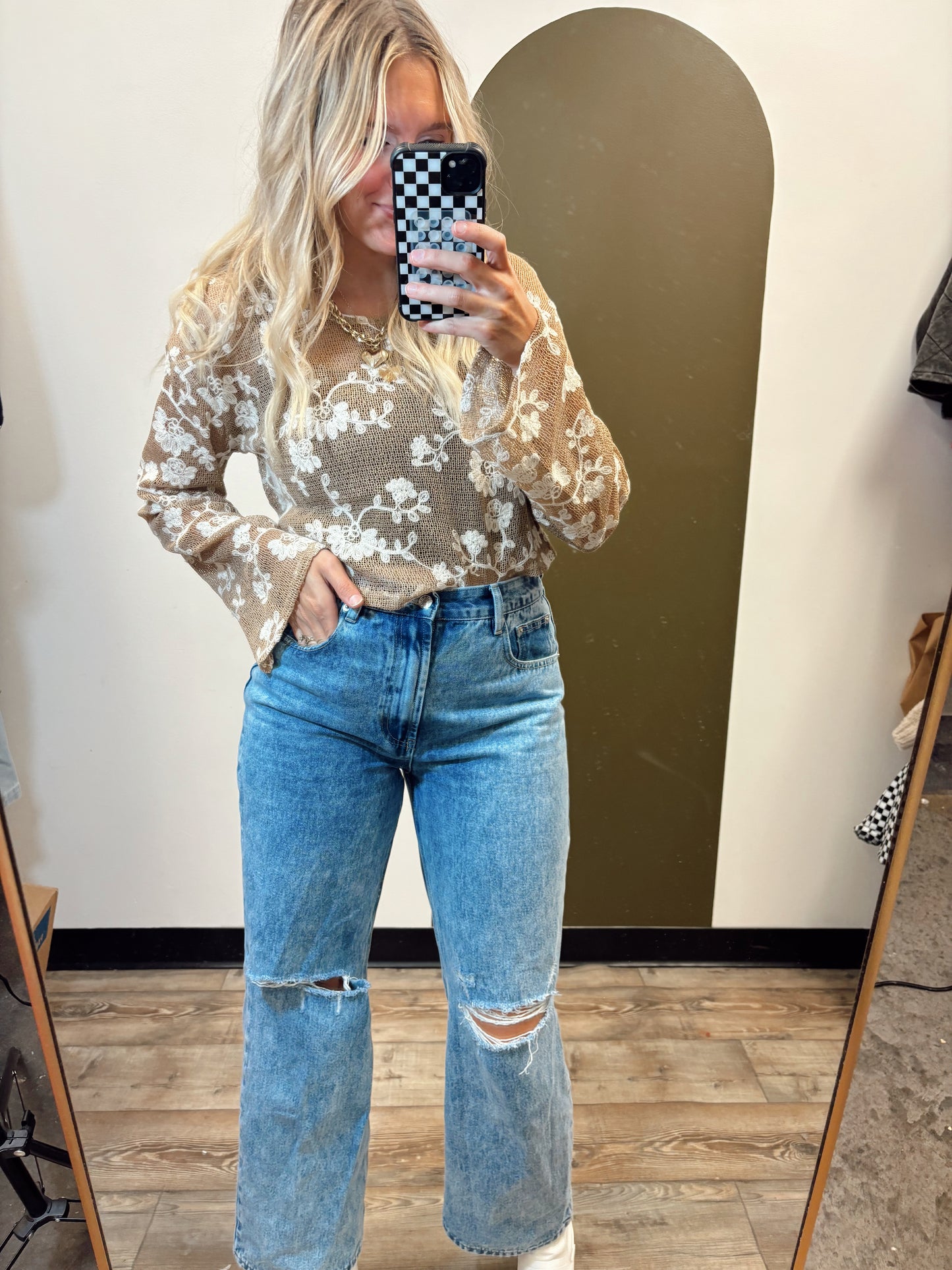 Silvie Floral Crochet Crop (Taupe)